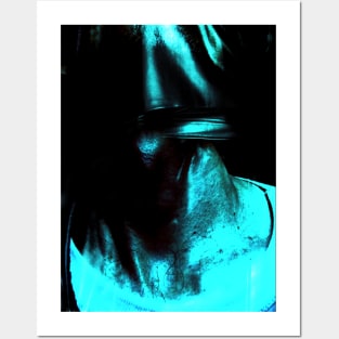 Portrait, digital collage and special processing. Neck close up. Strong guy in leather mask. Bright light blue. Posters and Art